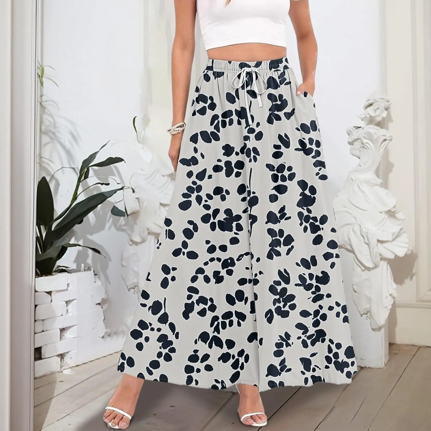 Maxi Floral Flare Skirts for Women 2025 Boho High Elastic Waist Long Flowy Smocked A Line Skirt Skort with Pockets