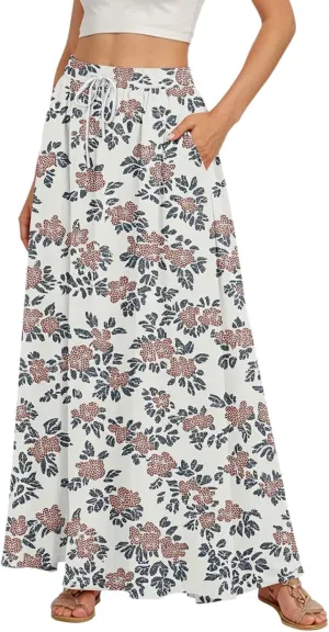 Maxi Floral Flare Skirts for Women 2025 Boho High Elastic Waist Long Flowy Smocked A Line Skirt Skort with Pockets