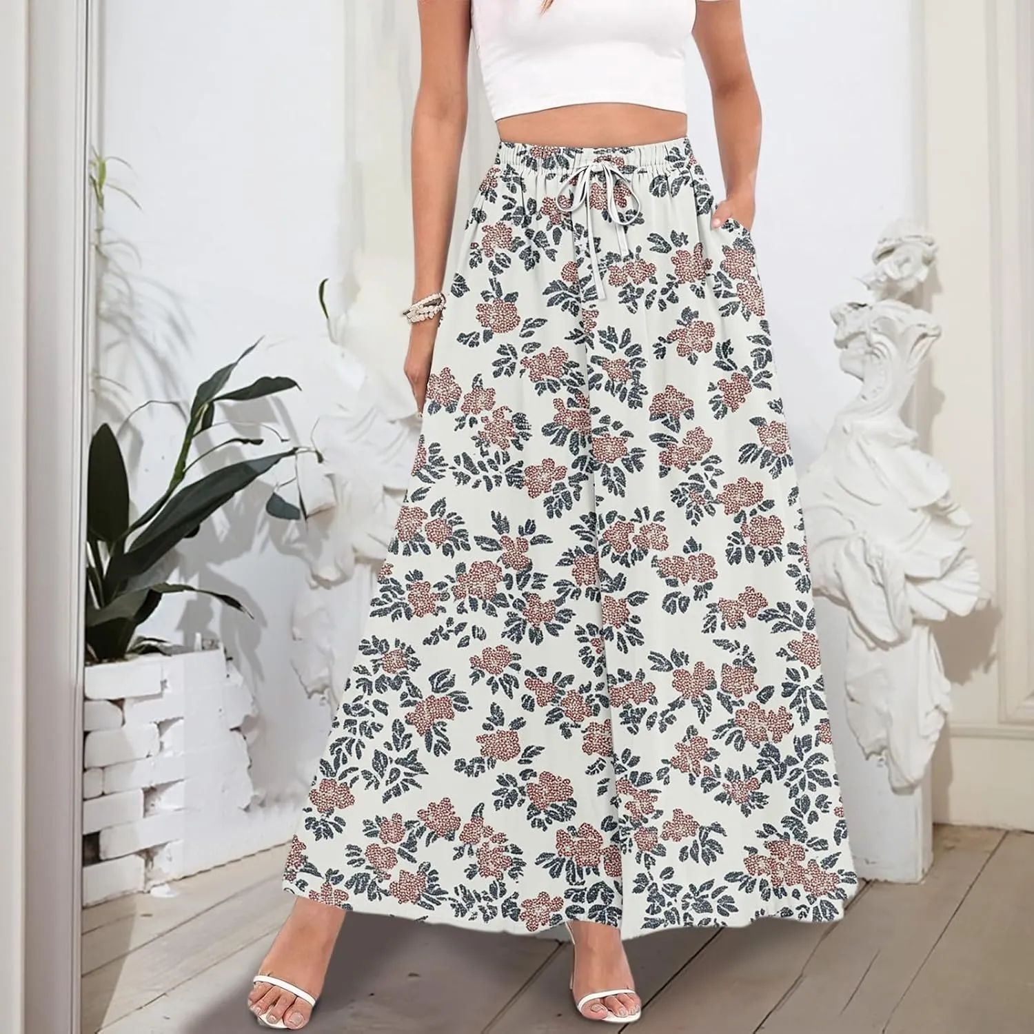 Maxi Floral Flare Skirts for Women 2025 Boho High Elastic Waist Long Flowy Smocked A Line Skirt Skort with Pockets