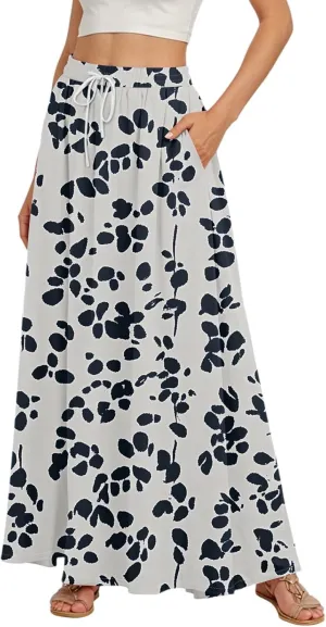 Maxi Floral Flare Skirts for Women 2025 Boho High Elastic Waist Long Flowy Smocked A Line Skirt Skort with Pockets