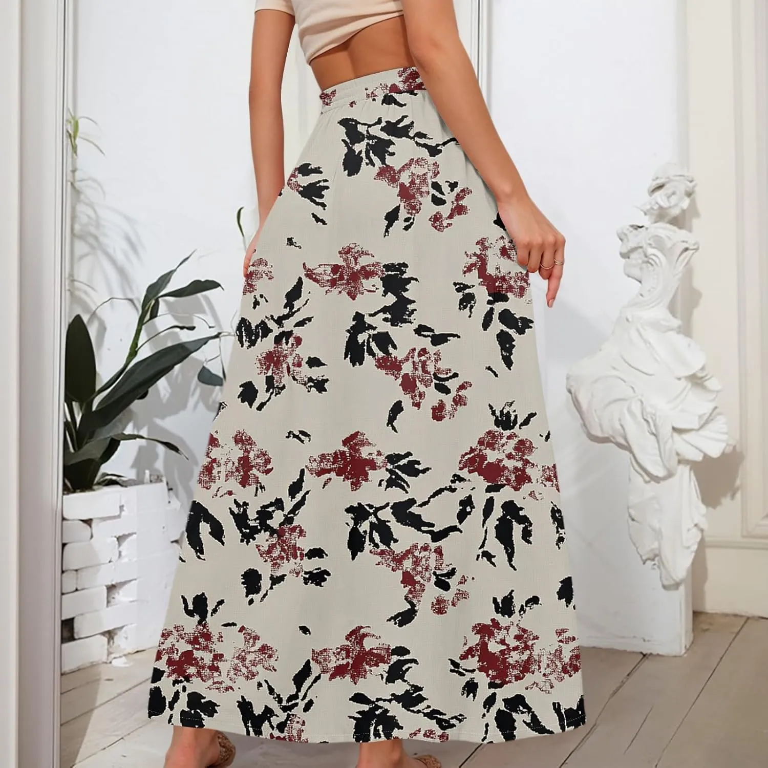 Maxi Floral Flare Skirts for Women 2025 Boho High Elastic Waist Long Flowy Smocked A Line Skirt Skort with Pockets