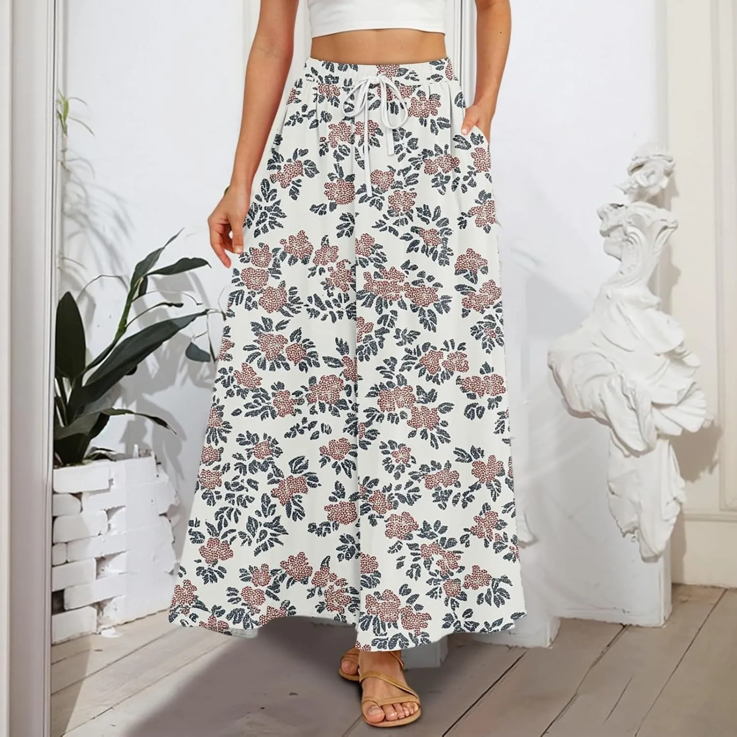 Maxi Floral Flare Skirts for Women 2025 Boho High Elastic Waist Long Flowy Smocked A Line Skirt Skort with Pockets