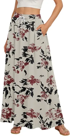 Maxi Floral Flare Skirts for Women 2025 Boho High Elastic Waist Long Flowy Smocked A Line Skirt Skort with Pockets