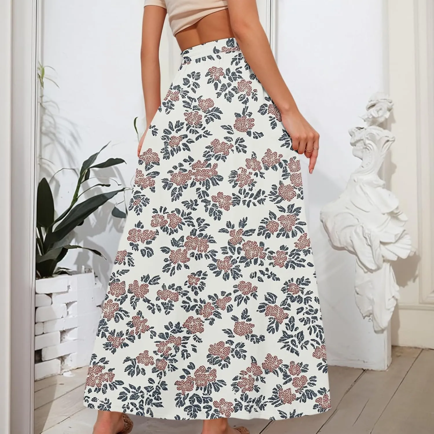 Maxi Floral Flare Skirts for Women 2025 Boho High Elastic Waist Long Flowy Smocked A Line Skirt Skort with Pockets