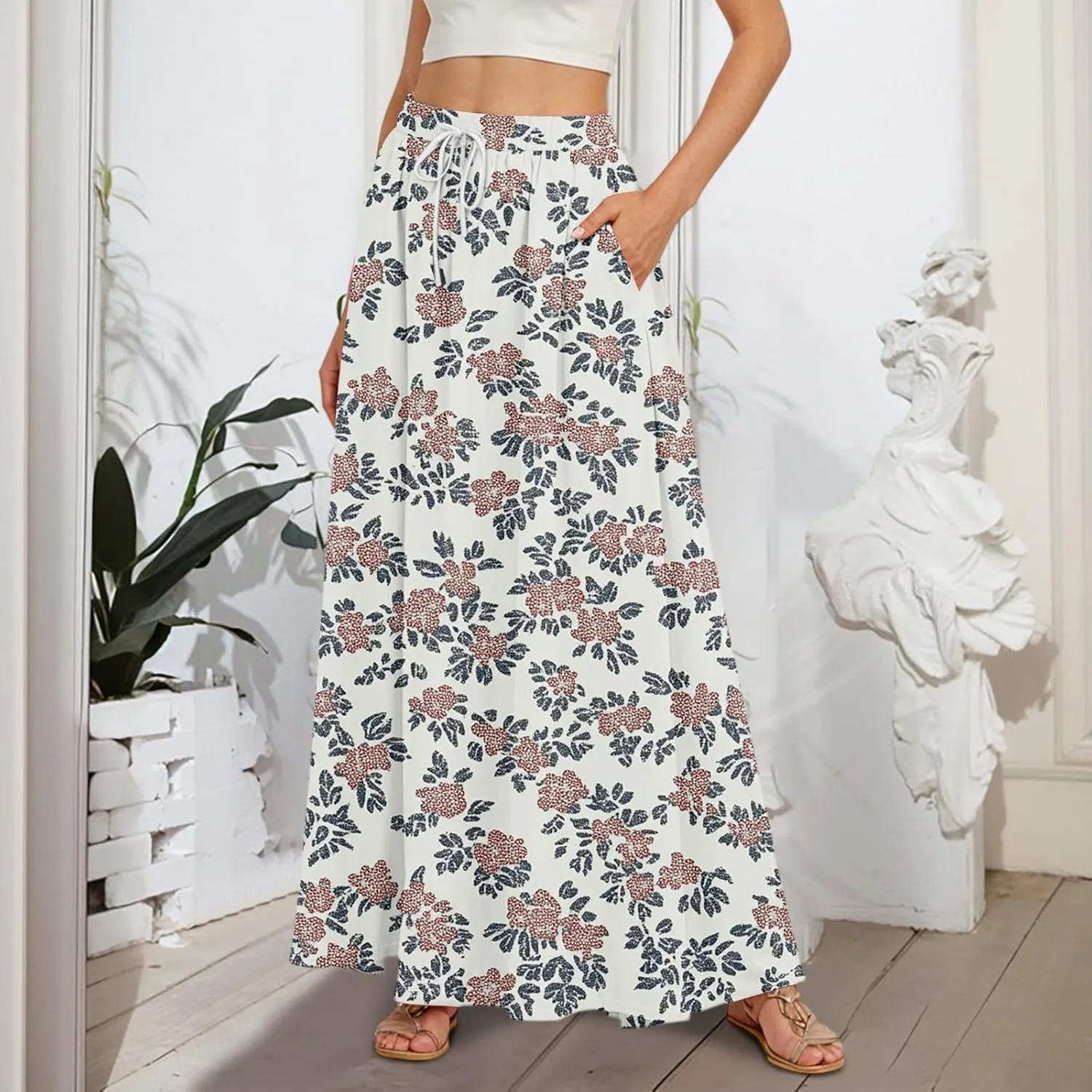 Maxi Floral Flare Skirts for Women 2025 Boho High Elastic Waist Long Flowy Smocked A Line Skirt Skort with Pockets