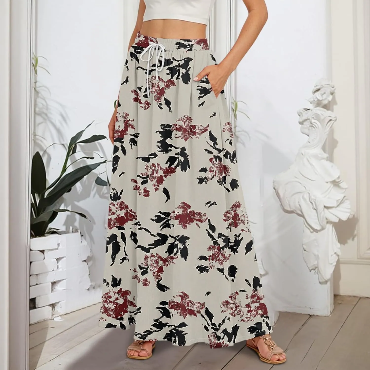 Maxi Floral Flare Skirts for Women 2025 Boho High Elastic Waist Long Flowy Smocked A Line Skirt Skort with Pockets