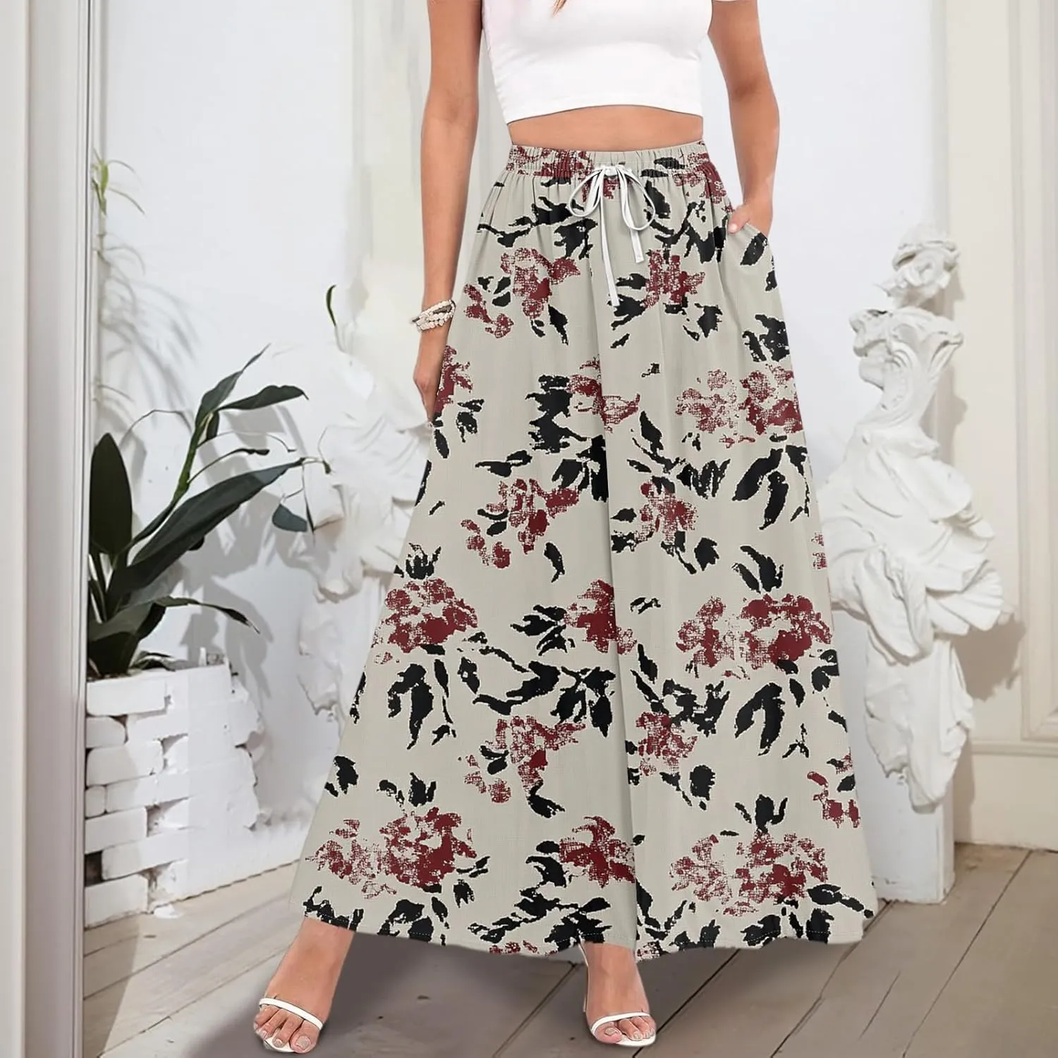 Maxi Floral Flare Skirts for Women 2025 Boho High Elastic Waist Long Flowy Smocked A Line Skirt Skort with Pockets
