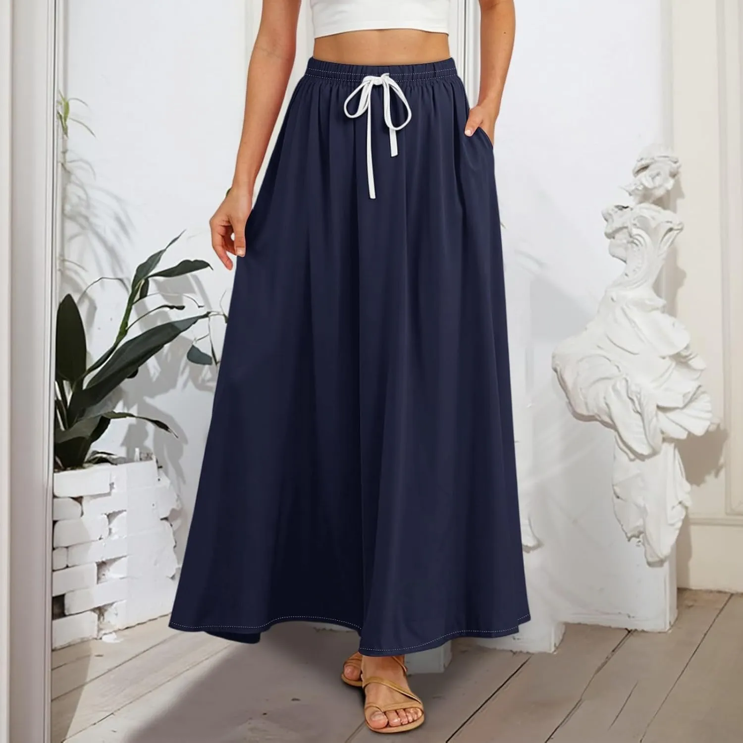 Maxi Floral Flare Skirts for Women 2025 Boho Long Flowy Smocked High Elastic Waist A Line Skirt Skort with Pockets