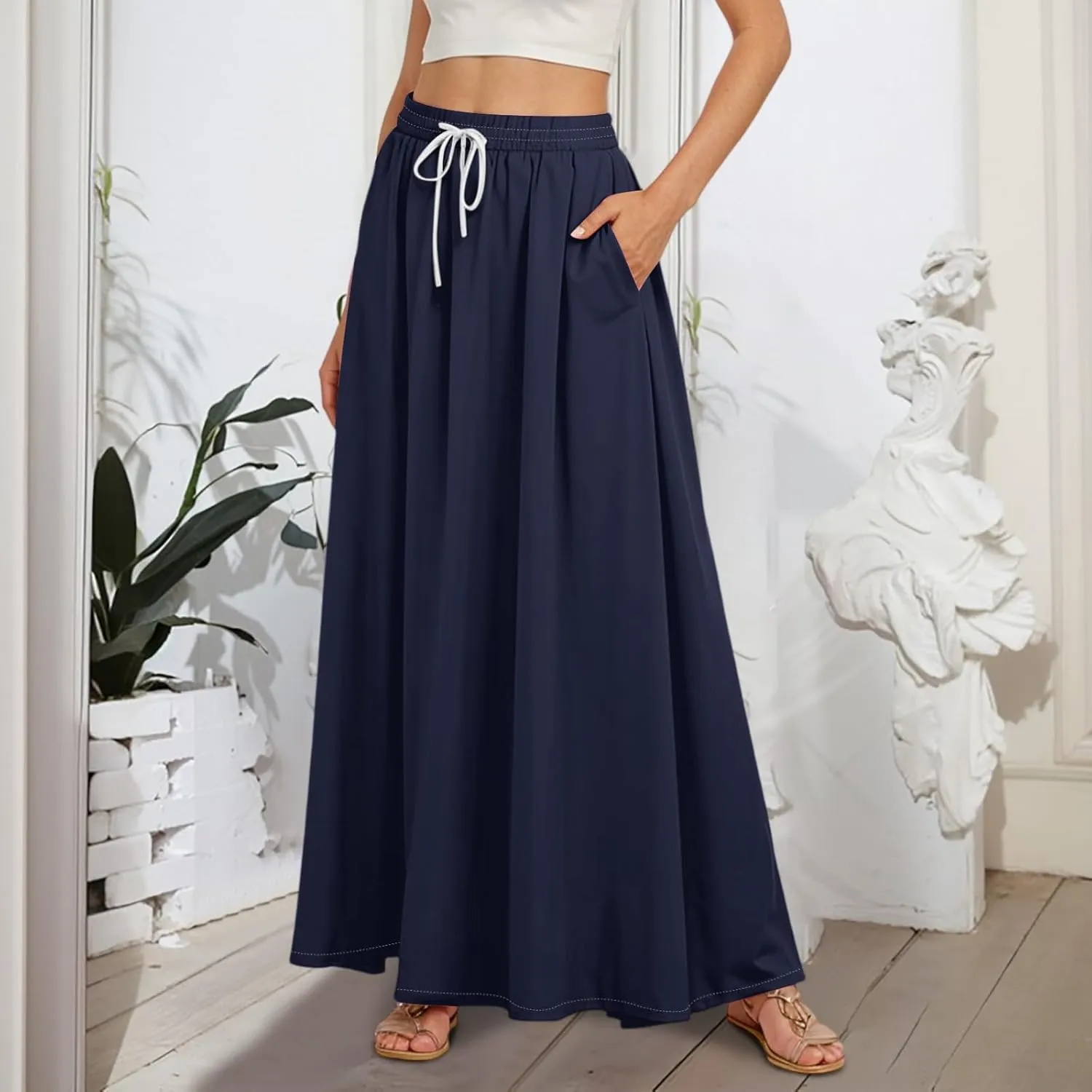 Maxi Floral Flare Skirts for Women 2025 Boho Long Flowy Smocked High Elastic Waist A Line Skirt Skort with Pockets