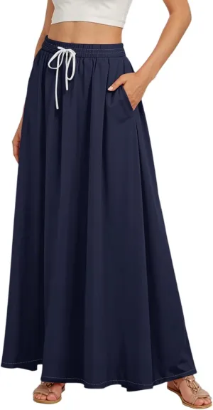 Maxi Floral Flare Skirts for Women 2025 Boho Long Flowy Smocked High Elastic Waist A Line Skirt Skort with Pockets