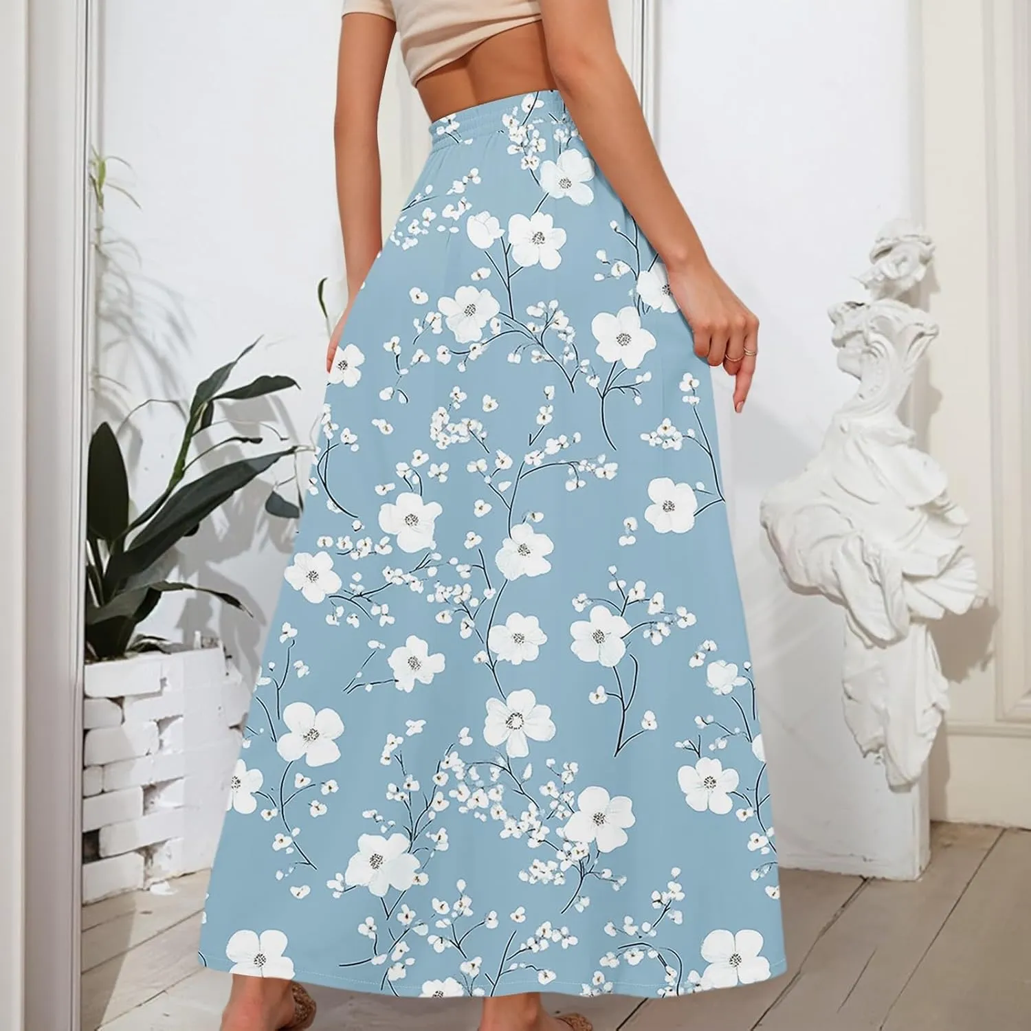 Maxi Floral Flare Skirts for Women 2025 Boho Long Flowy Smocked High Elastic Waist A Line Skirt Skort with Pockets