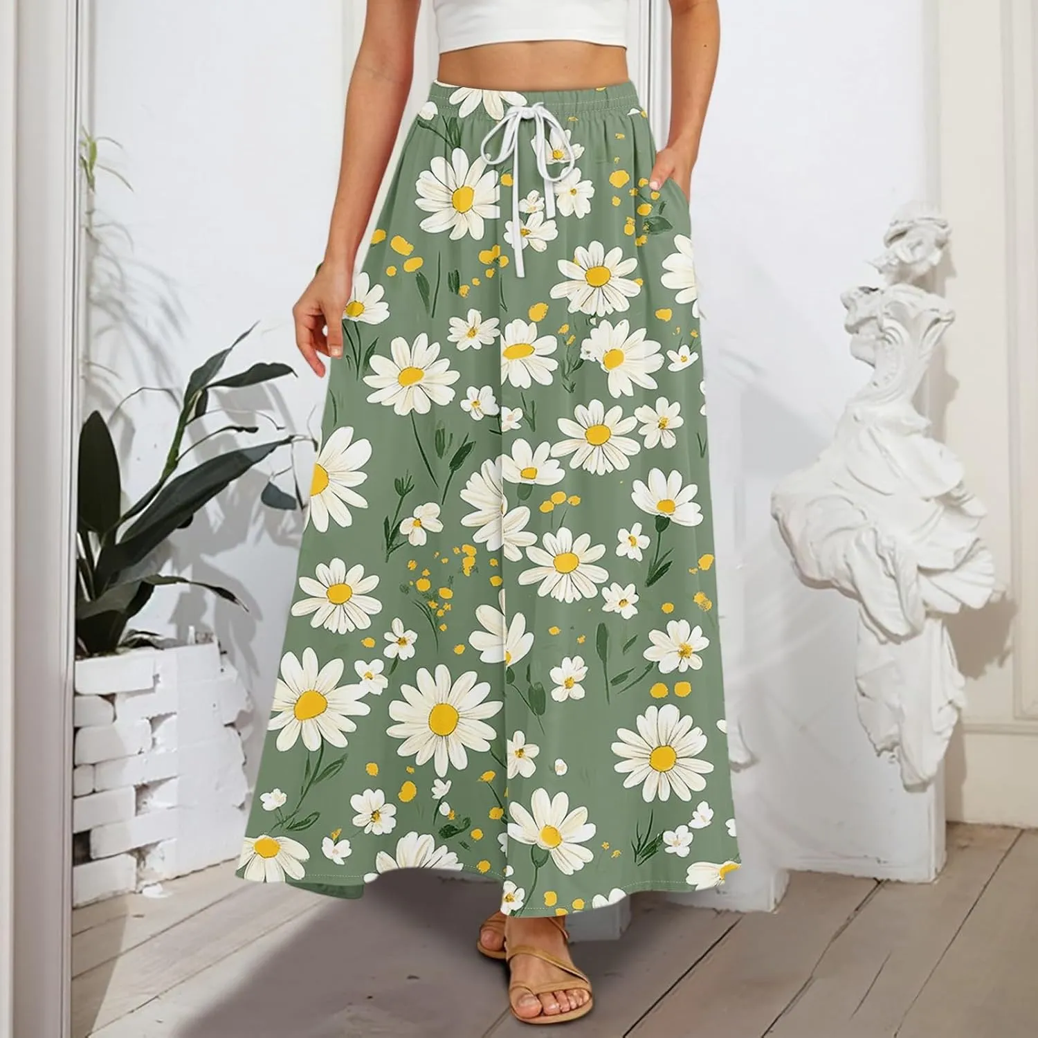 Maxi Floral Flare Skirts for Women 2025 Boho Long Flowy Smocked High Elastic Waist A Line Skirt Skort with Pockets