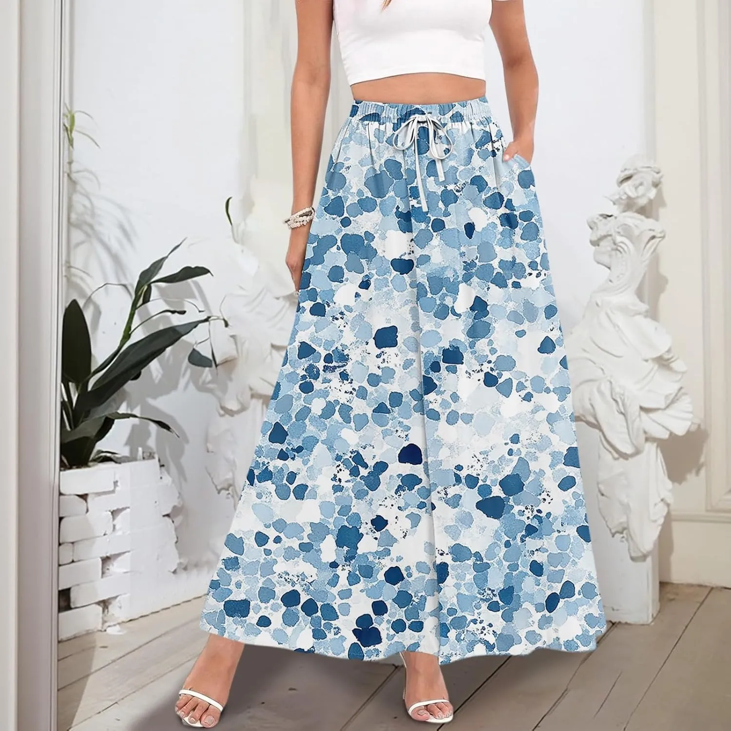 Maxi Floral Flare Skirts for Women 2025 Boho Long Flowy Smocked High Elastic Waist A Line Skirt Skort with Pockets