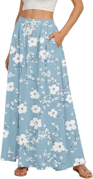 Maxi Floral Flare Skirts for Women 2025 Boho Long Flowy Smocked High Elastic Waist A Line Skirt Skort with Pockets
