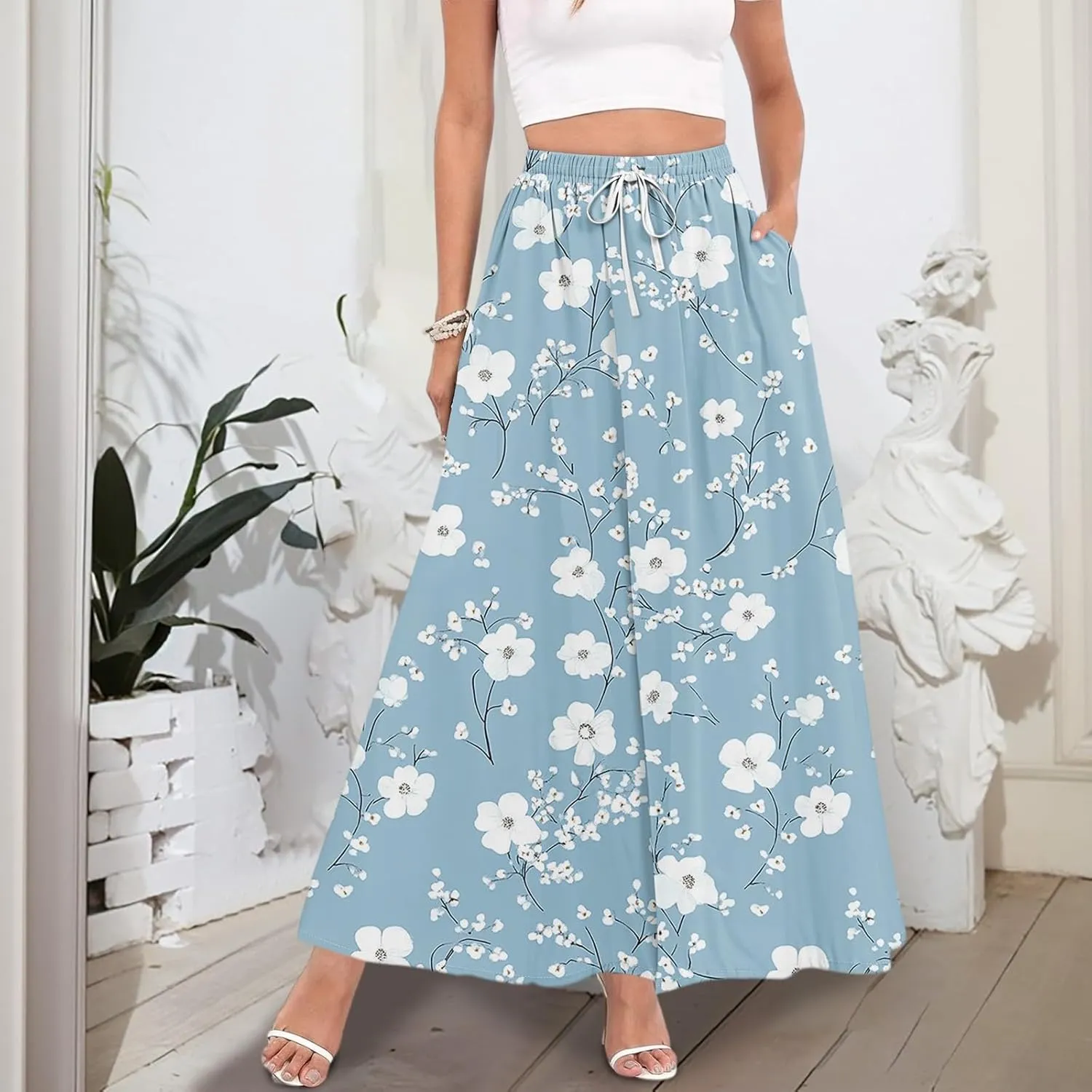 Maxi Floral Flare Skirts for Women 2025 Boho Long Flowy Smocked High Elastic Waist A Line Skirt Skort with Pockets