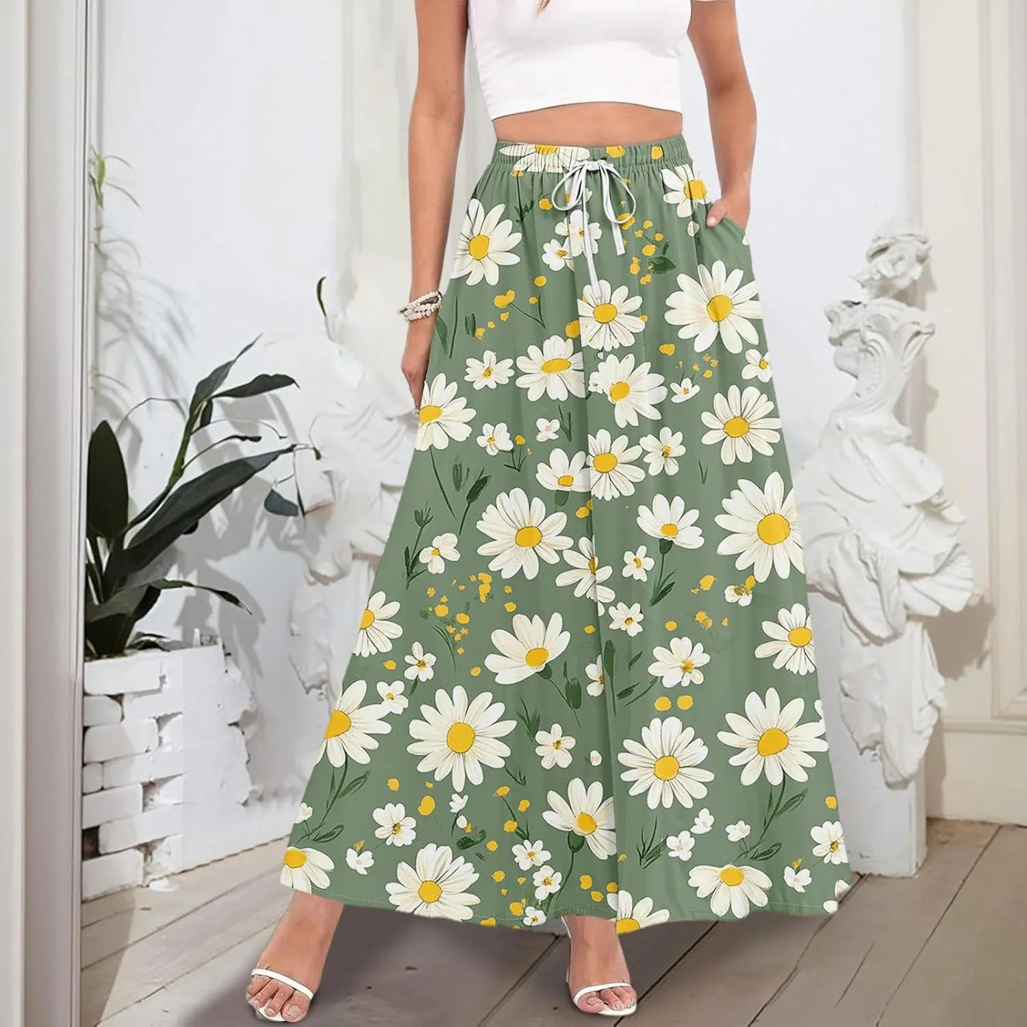 Maxi Floral Flare Skirts for Women 2025 Boho Long Flowy Smocked High Elastic Waist A Line Skirt Skort with Pockets