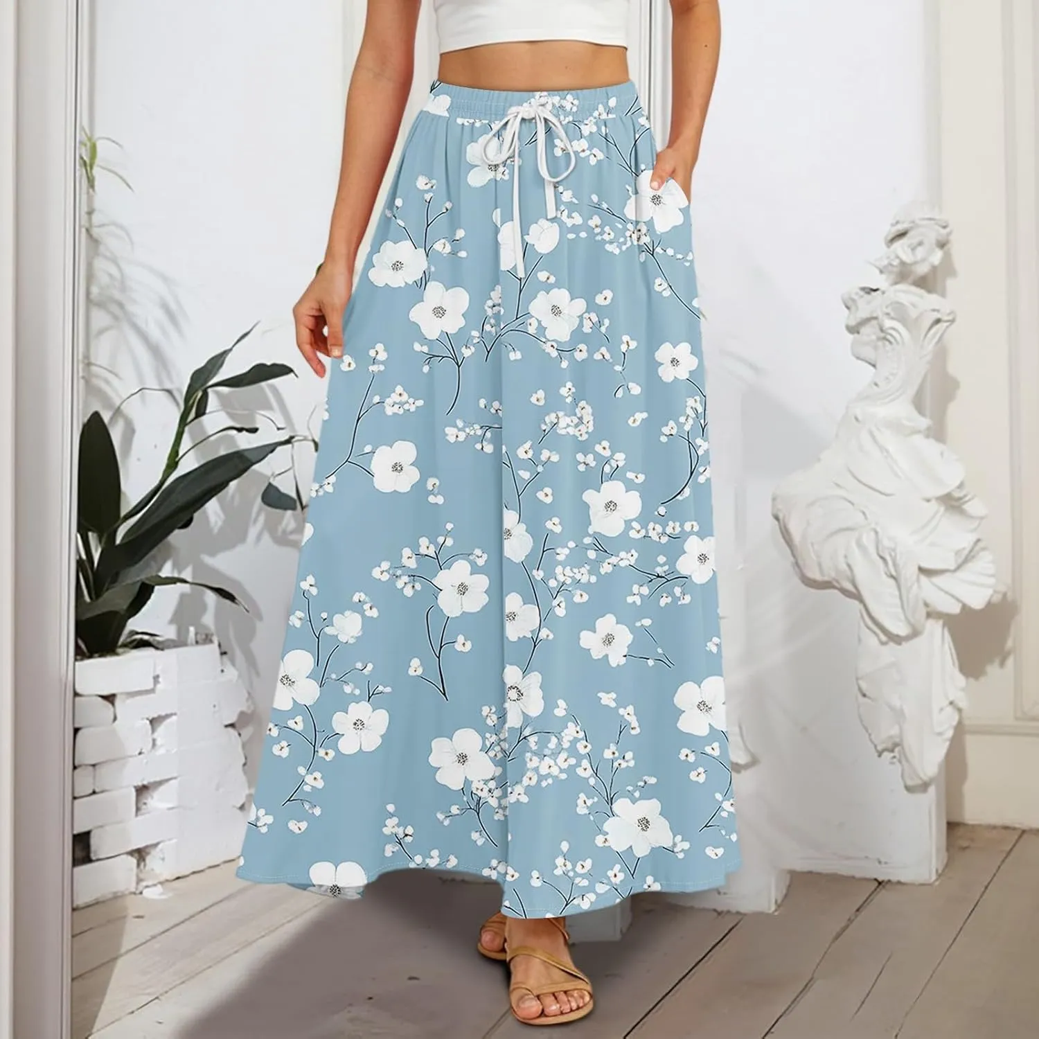 Maxi Floral Flare Skirts for Women 2025 Boho Long Flowy Smocked High Elastic Waist A Line Skirt Skort with Pockets