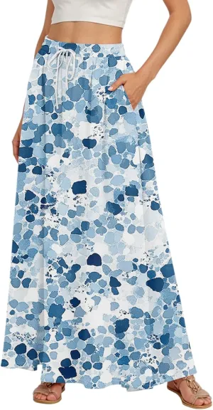 Maxi Floral Flare Skirts for Women 2025 Boho Long Flowy Smocked High Elastic Waist A Line Skirt Skort with Pockets