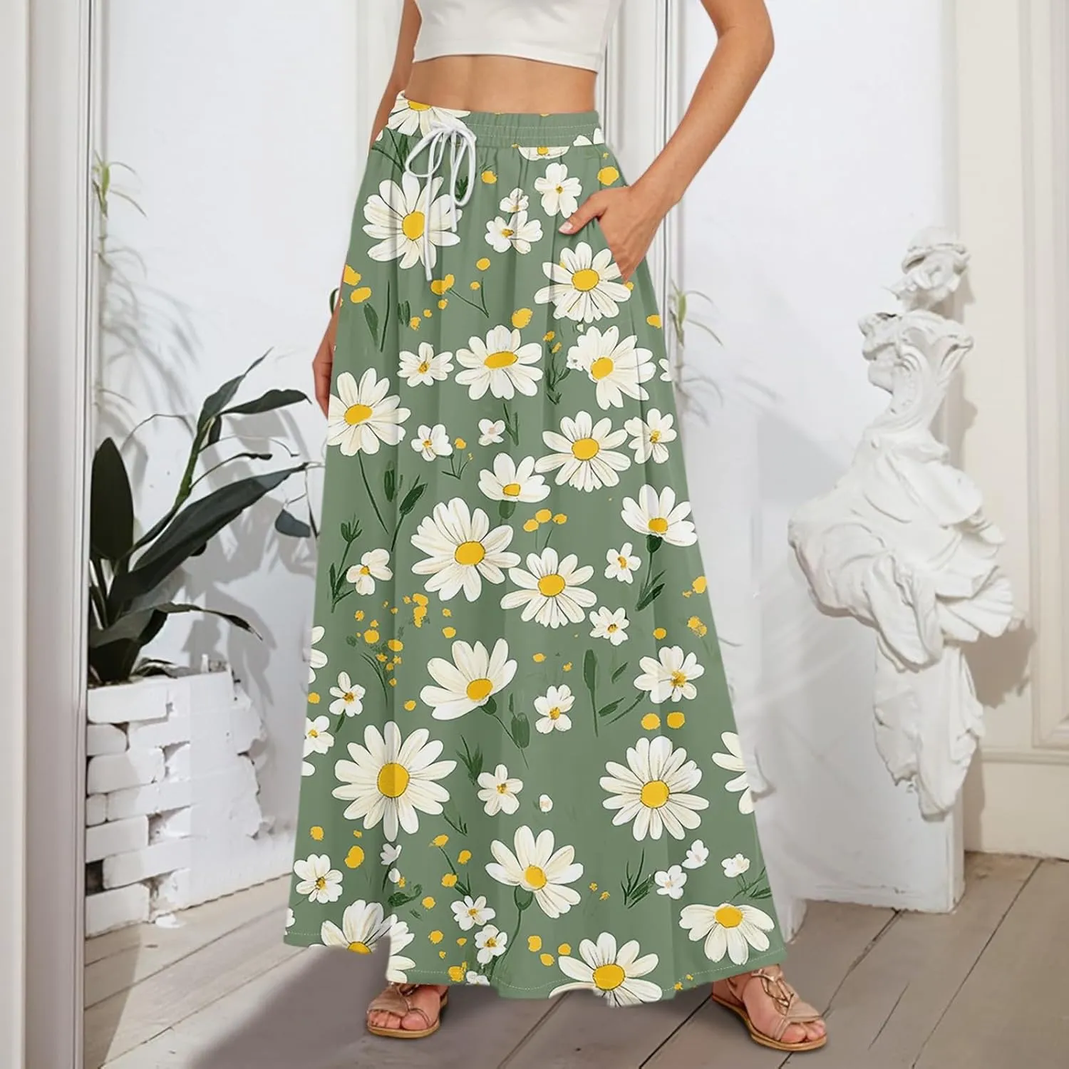 Maxi Floral Flare Skirts for Women 2025 Boho Long Flowy Smocked High Elastic Waist A Line Skirt Skort with Pockets