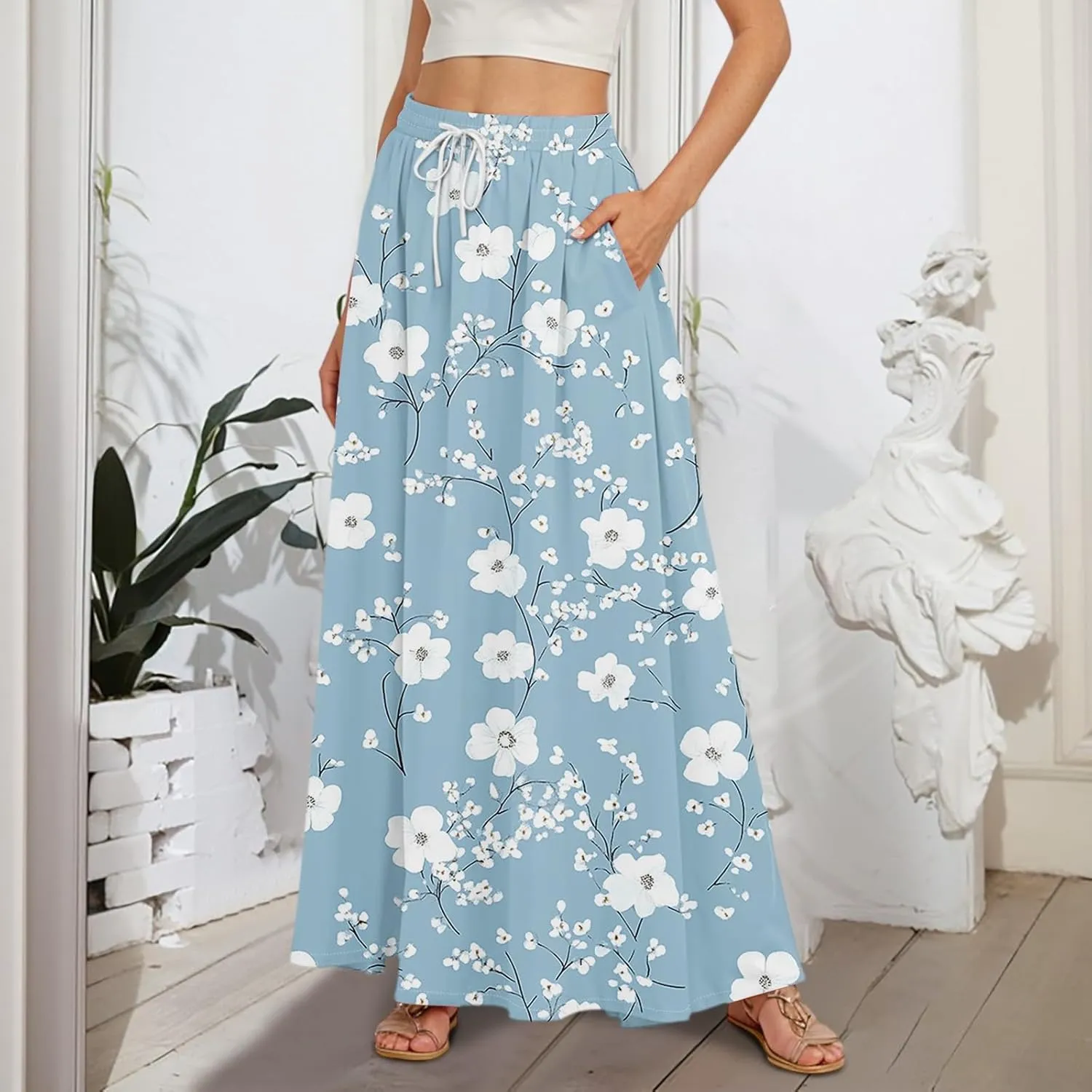 Maxi Floral Flare Skirts for Women 2025 Boho Long Flowy Smocked High Elastic Waist A Line Skirt Skort with Pockets