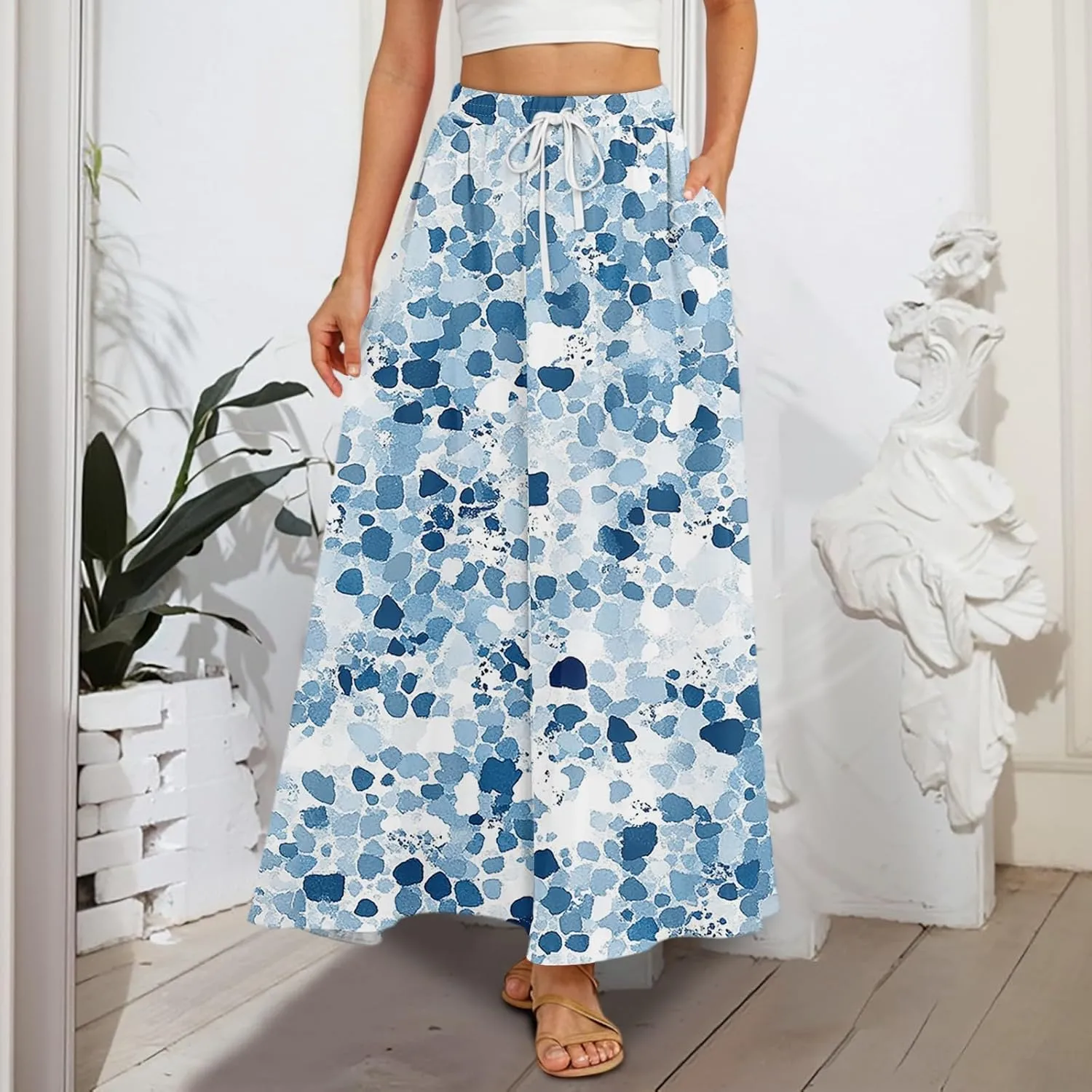 Maxi Floral Flare Skirts for Women 2025 Boho Long Flowy Smocked High Elastic Waist A Line Skirt Skort with Pockets