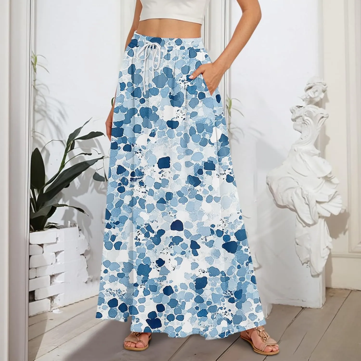 Maxi Floral Flare Skirts for Women 2025 Boho Long Flowy Smocked High Elastic Waist A Line Skirt Skort with Pockets