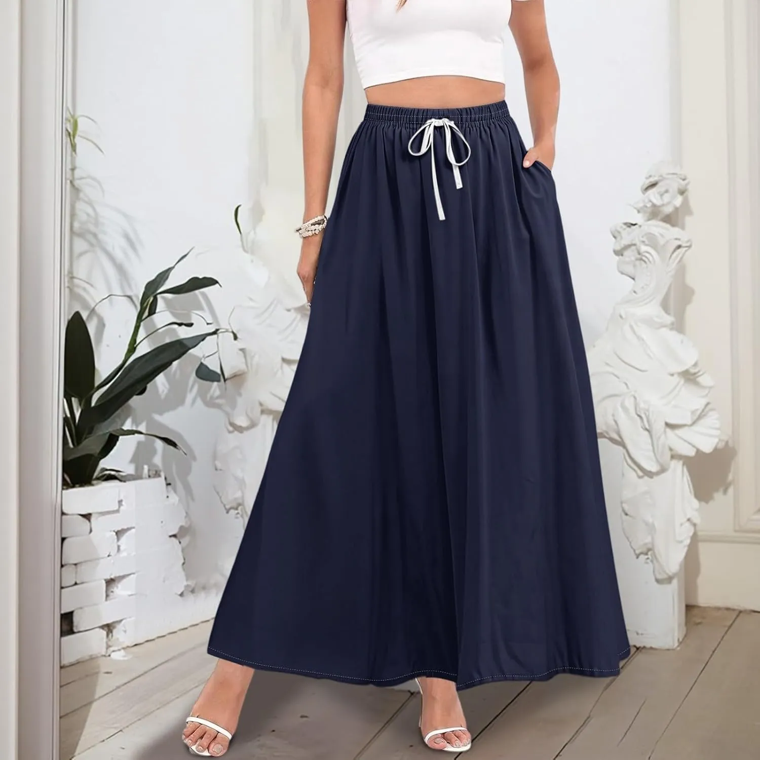 Maxi Floral Flare Skirts for Women 2025 Boho Long Flowy Smocked High Elastic Waist A Line Skirt Skort with Pockets