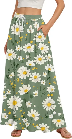 Maxi Floral Flare Skirts for Women 2025 Boho Long Flowy Smocked High Elastic Waist A Line Skirt Skort with Pockets