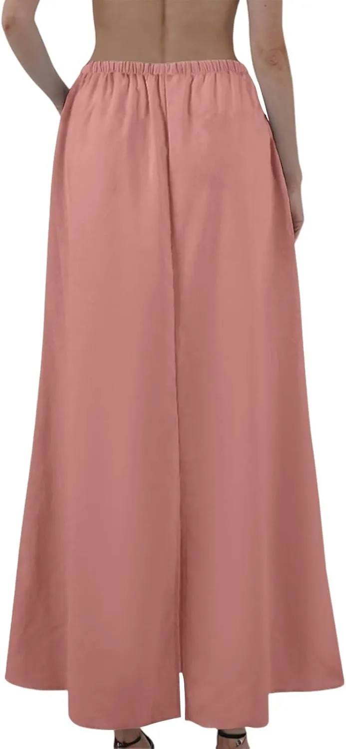 Maxi Linen Flare Skirts for Women Trendy Summer with Slit Long Flowy Low Rise Drawstring Elastic Waist A Line Skorts