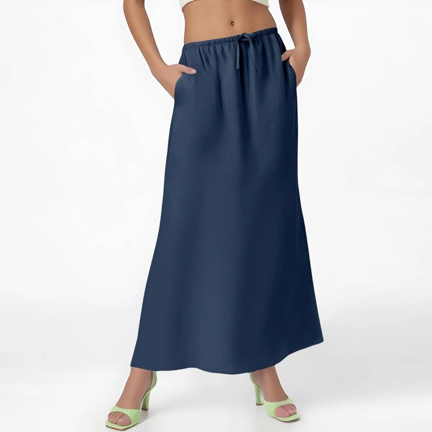 Maxi Linen Flare Skirts for Women Trendy Summer with Slit Long Flowy Low Rise Drawstring Elastic Waist A Line Skorts
