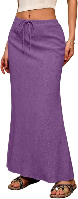 Maxi Linen Flare Skirts for Women Trendy Summer with Slit Long Flowy Low Rise Drawstring Elastic Waist A Line Skorts