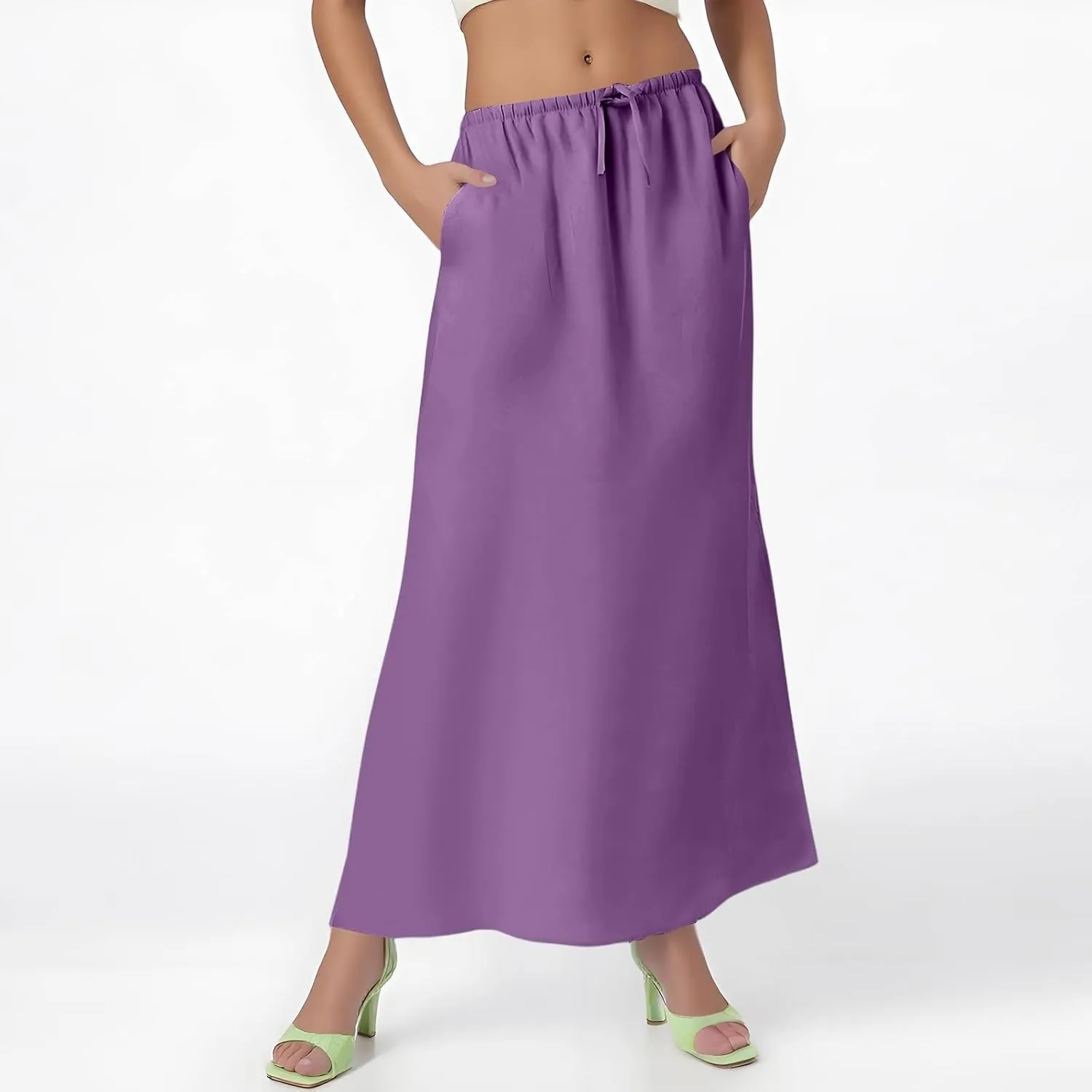 Maxi Linen Flare Skirts for Women Trendy Summer with Slit Long Flowy Low Rise Drawstring Elastic Waist A Line Skorts