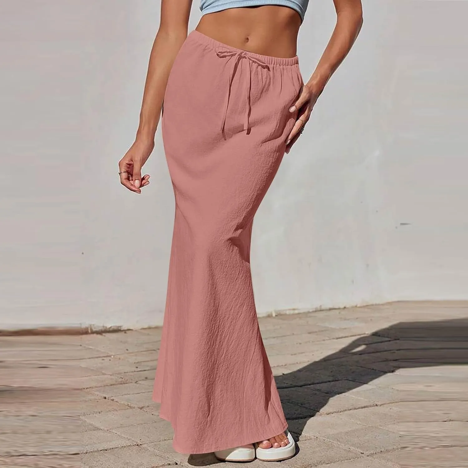 Maxi Linen Flare Skirts for Women Trendy Summer with Slit Long Flowy Low Rise Drawstring Elastic Waist A Line Skorts