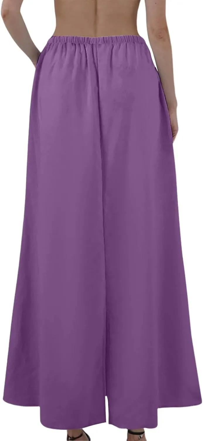 Maxi Linen Flare Skirts for Women Trendy Summer with Slit Long Flowy Low Rise Drawstring Elastic Waist A Line Skorts