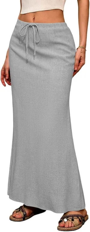 Maxi Linen Flare Skirts for Women Trendy Summer with Slit Long Flowy Low Rise Drawstring Elastic Waist A Line Skorts