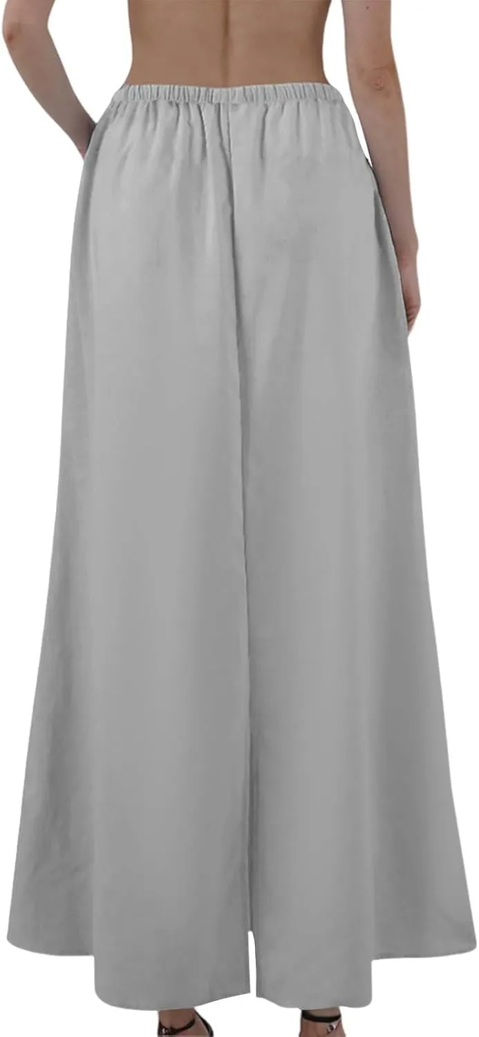 Maxi Linen Flare Skirts for Women Trendy Summer with Slit Long Flowy Low Rise Drawstring Elastic Waist A Line Skorts