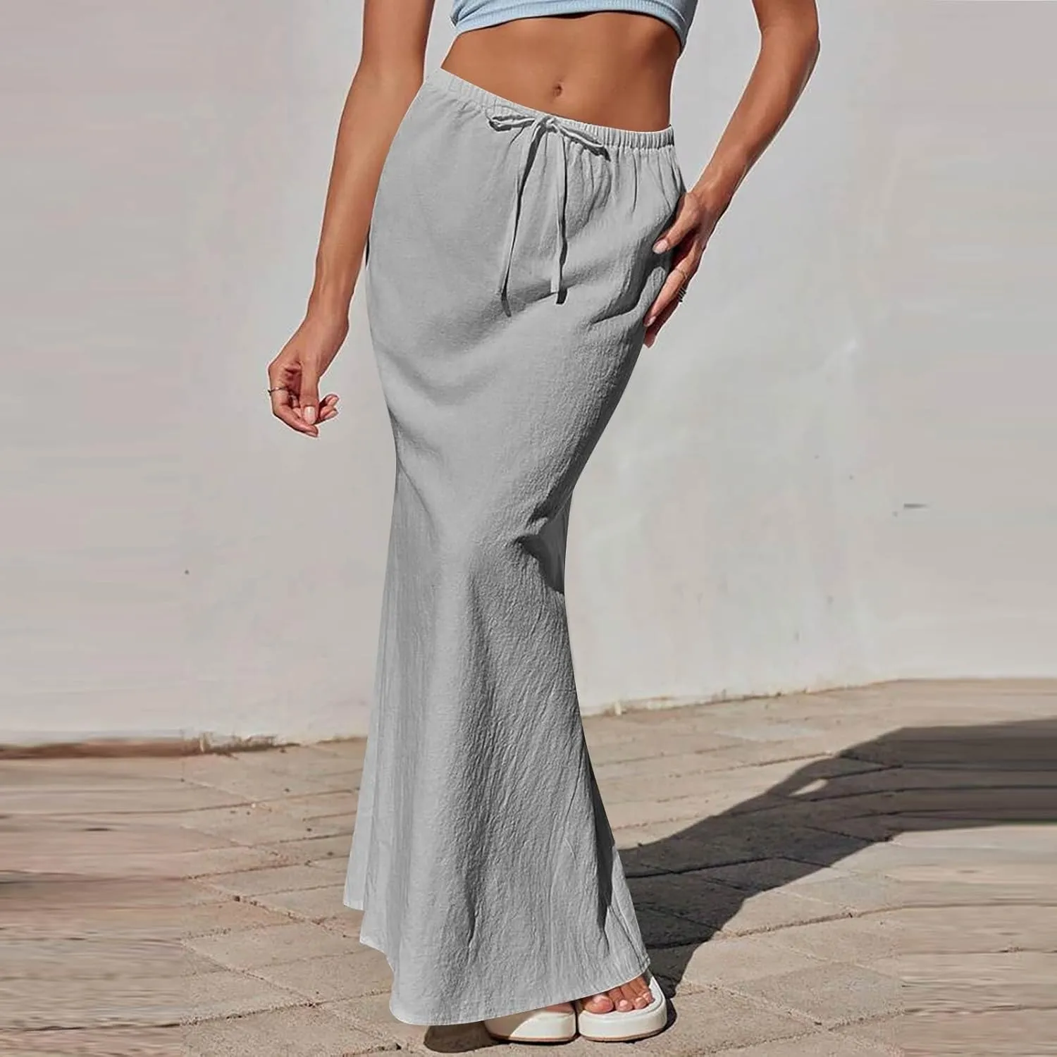 Maxi Linen Flare Skirts for Women Trendy Summer with Slit Long Flowy Low Rise Drawstring Elastic Waist A Line Skorts