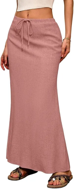 Maxi Linen Flare Skirts for Women Trendy Summer with Slit Long Flowy Low Rise Drawstring Elastic Waist A Line Skorts