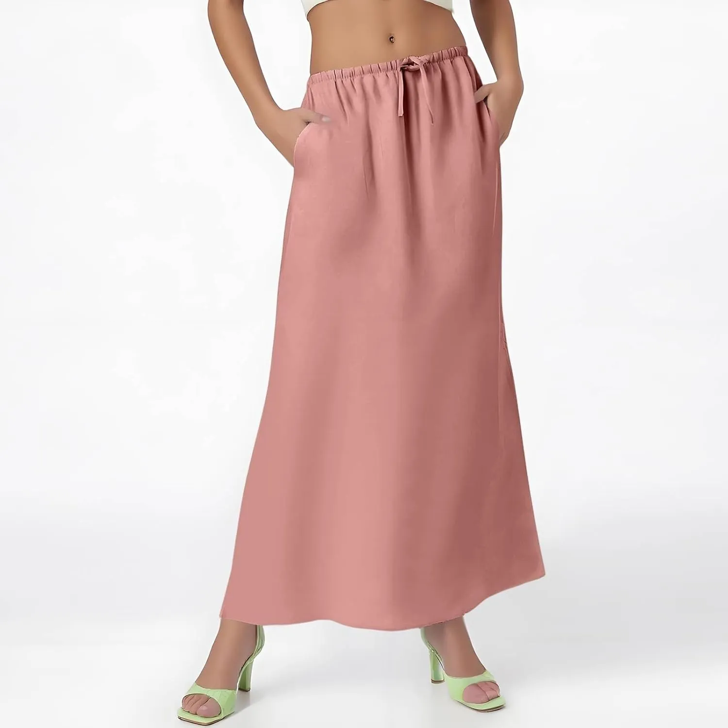 Maxi Linen Flare Skirts for Women Trendy Summer with Slit Long Flowy Low Rise Drawstring Elastic Waist A Line Skorts