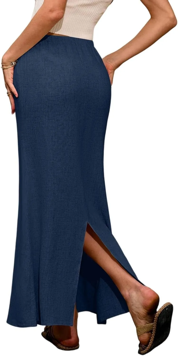 Maxi Linen Flare Skirts for Women Trendy Summer with Slit Long Flowy Low Rise Drawstring Elastic Waist A Line Skorts