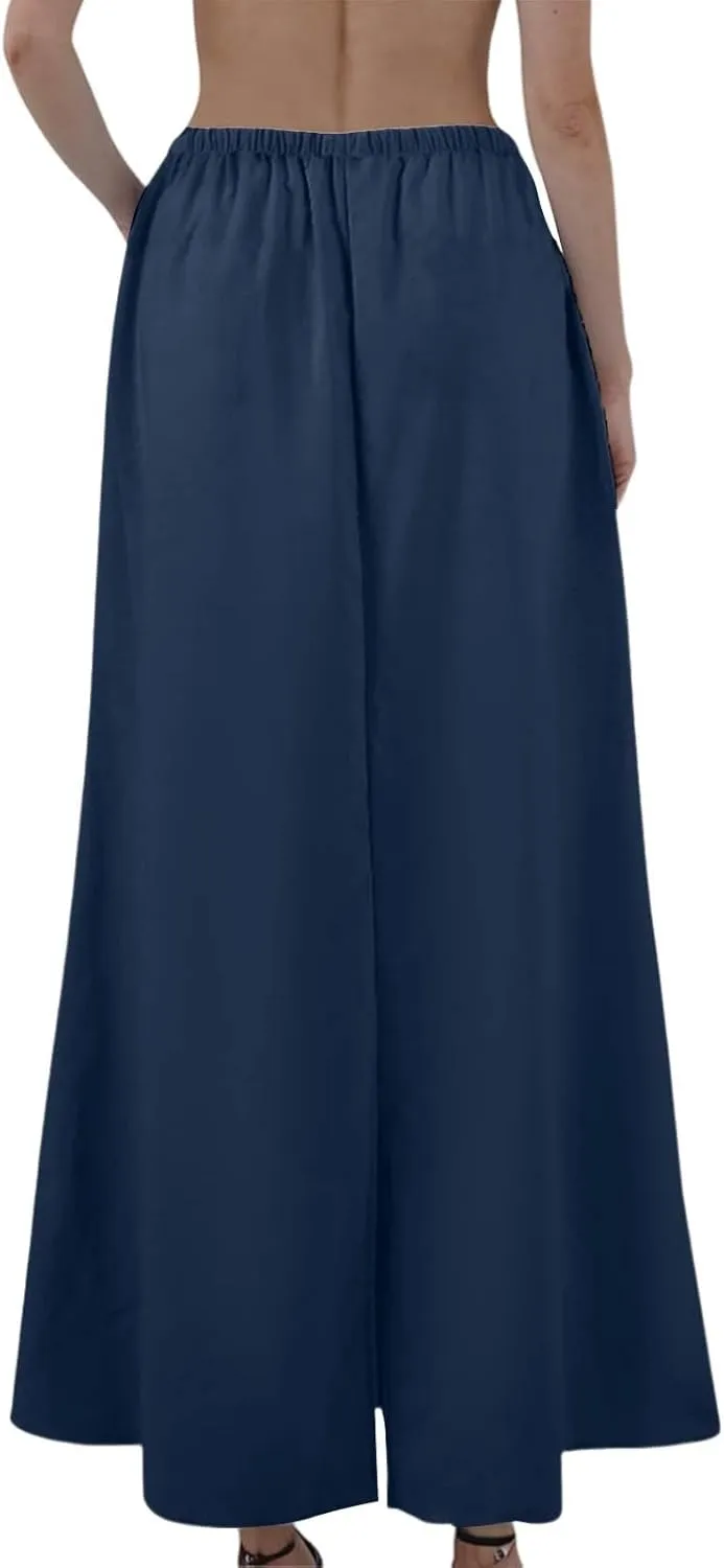 Maxi Linen Flare Skirts for Women Trendy Summer with Slit Long Flowy Low Rise Drawstring Elastic Waist A Line Skorts