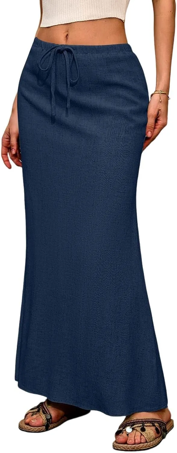 Maxi Linen Flare Skirts for Women Trendy Summer with Slit Long Flowy Low Rise Drawstring Elastic Waist A Line Skorts