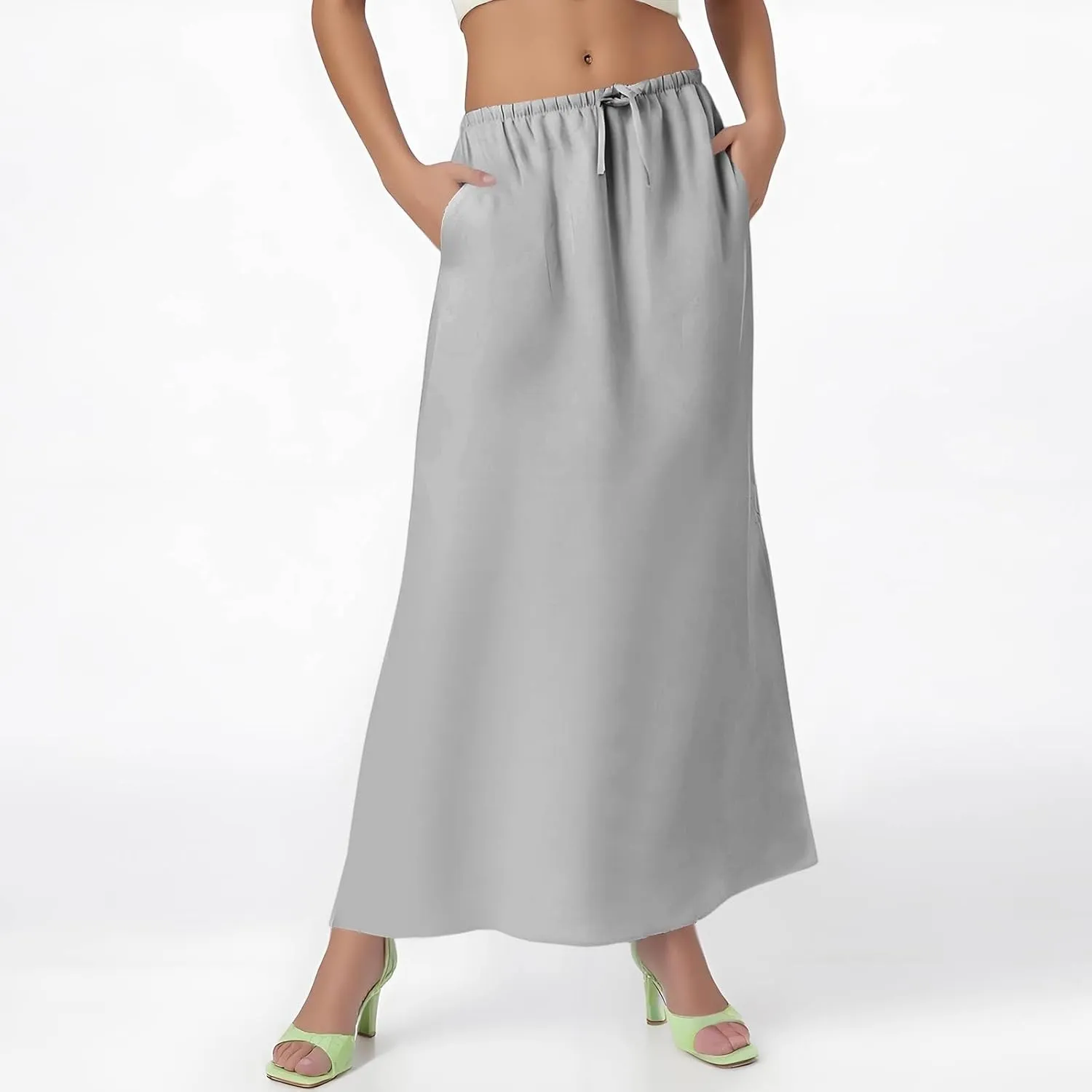 Maxi Linen Flare Skirts for Women Trendy Summer with Slit Long Flowy Low Rise Drawstring Elastic Waist A Line Skorts
