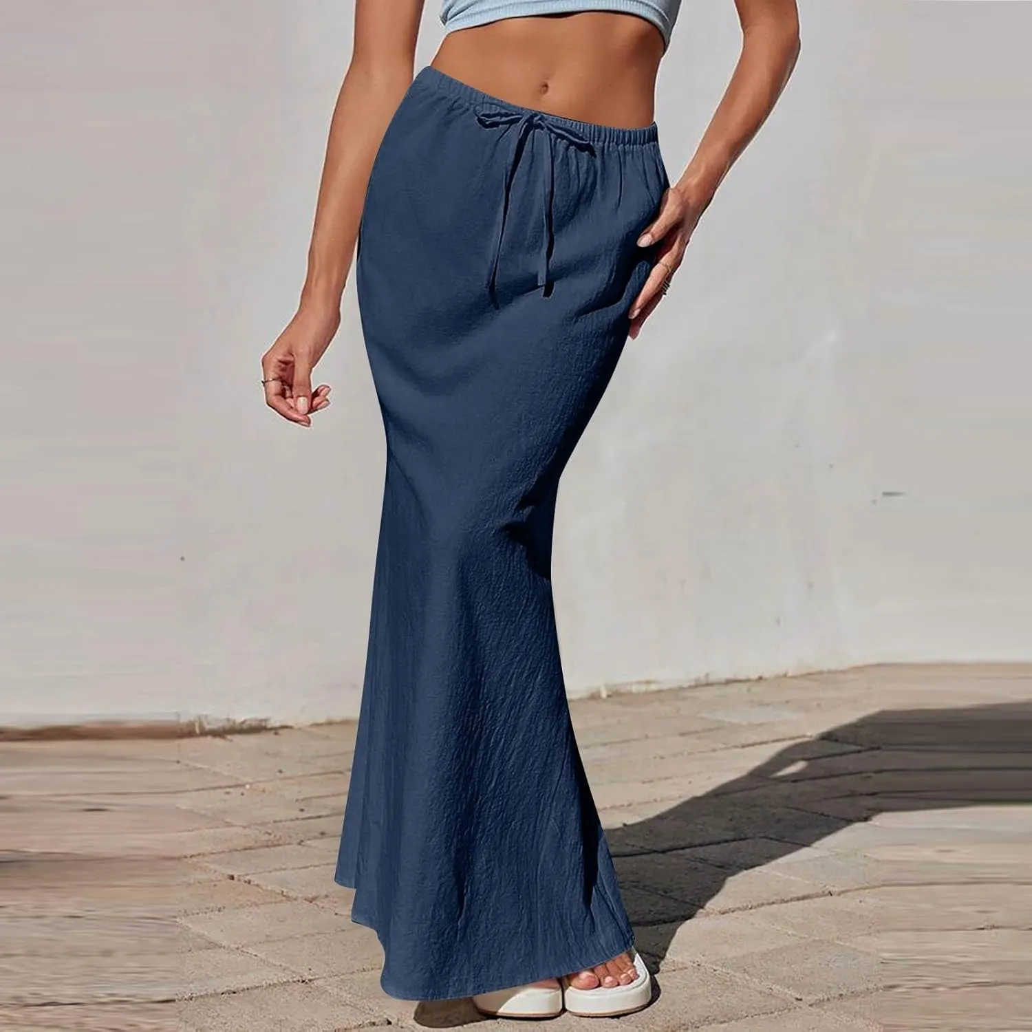 Maxi Linen Flare Skirts for Women Trendy Summer with Slit Long Flowy Low Rise Drawstring Elastic Waist A Line Skorts
