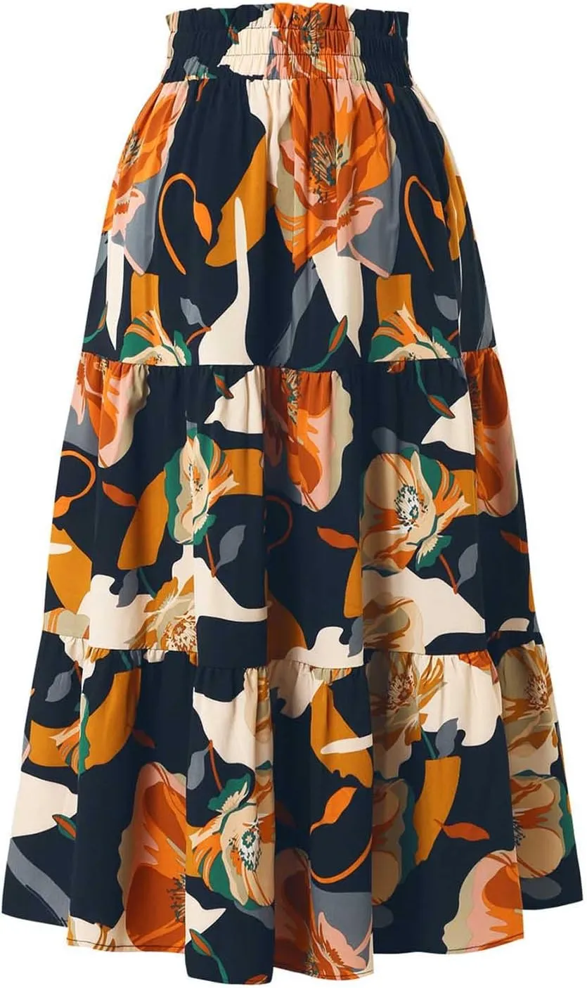 Maxi Skirts for Women Boho Floral Print Tiered Flowy Skirt Vacation Elastic Drawstring Waist A Line Pleated Skirt