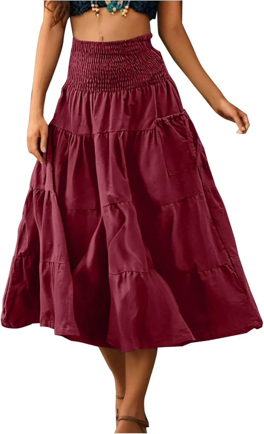 Maxi Skirts for Women Elastic High Waist Tiered A-Line Pleated Long Skirt Summer Flowy Swing Boho Solid Beach Clothes