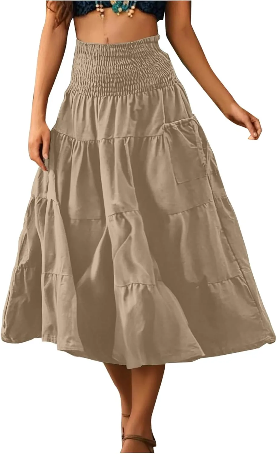 Maxi Skirts for Women Elastic High Waist Tiered A-Line Pleated Long Skirt Summer Flowy Swing Boho Solid Beach Clothes