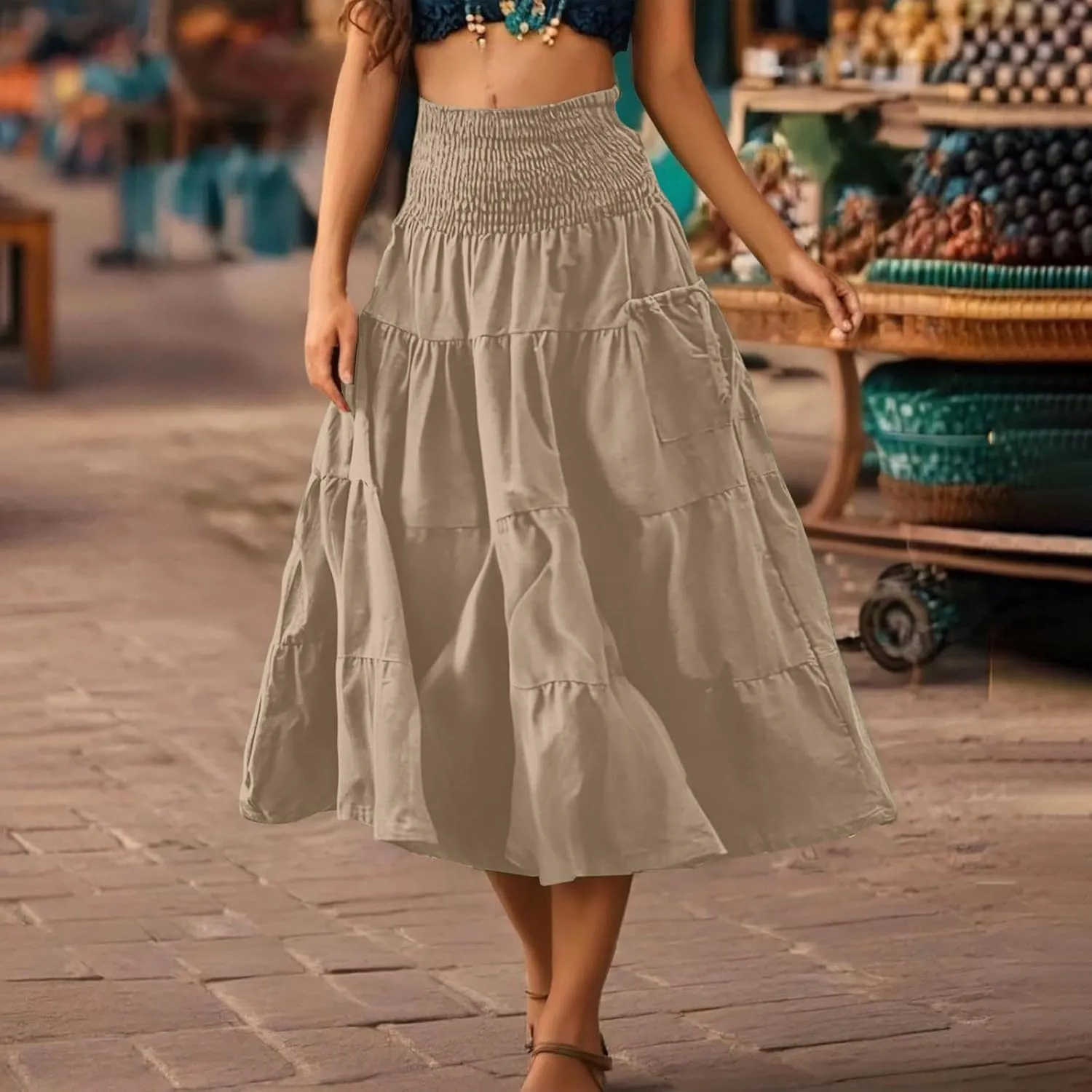Maxi Skirts for Women Elastic High Waist Tiered A-Line Pleated Long Skirt Summer Flowy Swing Boho Solid Beach Clothes
