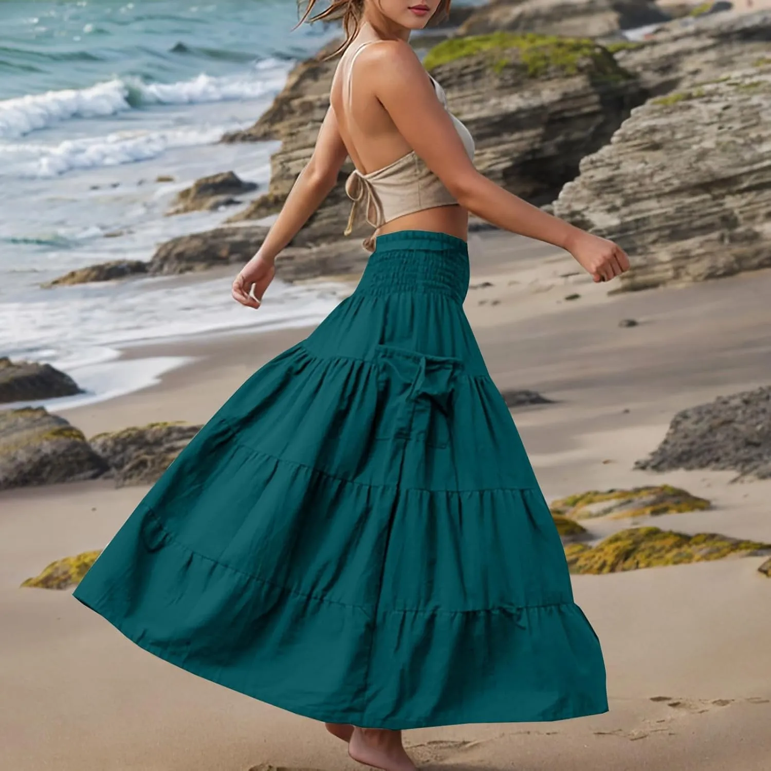 Maxi Skirts for Women Elastic High Waist Tiered A-Line Pleated Long Skirt Summer Flowy Swing Boho Solid Beach Clothes