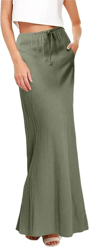 Maxi Skirts for Women Elastic Waist Drawstring Linen Flared Boho Beach Elegant Flowy Ankle Length Skirt with Back Slit